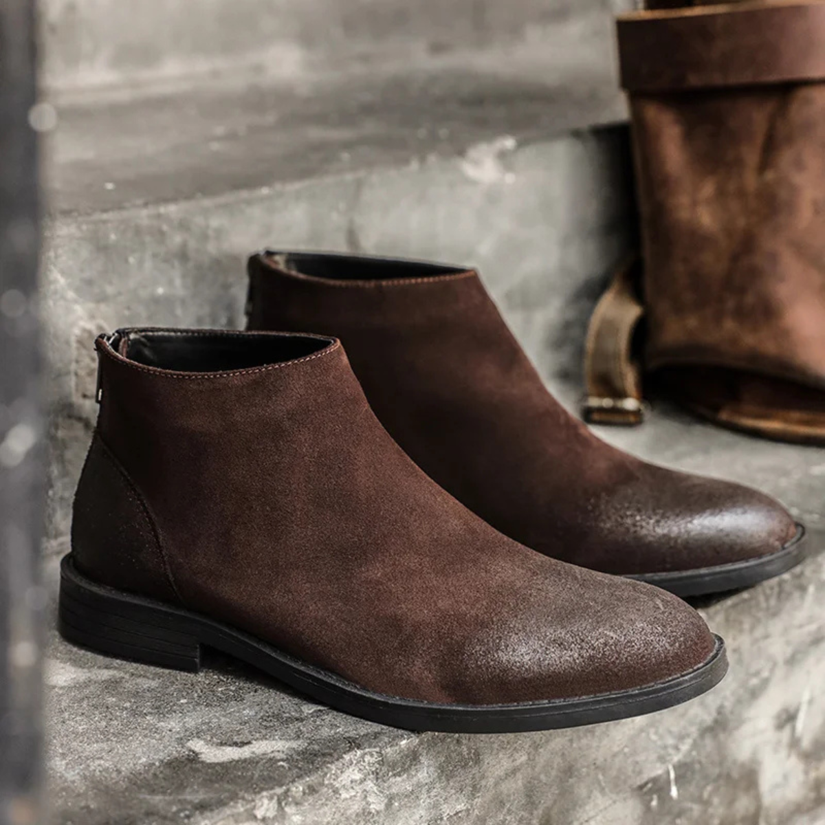 Axel | Men's Suede Leather Ankle Boots Black Zip Up
