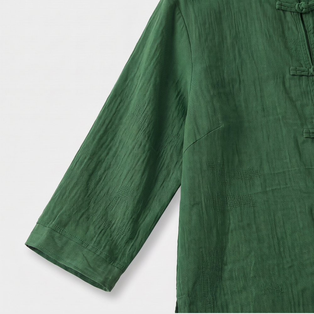 Camille | Women's Linen Shirt Green Mandarin Collar Button Up