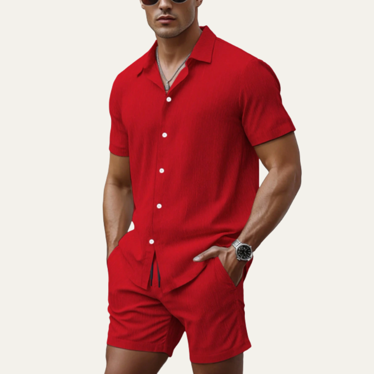 Lars | Men's Casual Linen Shirt Cream Drawstring Shorts Set Black