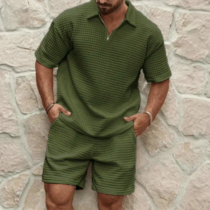 Bram | Men's Sweatsuit Cream Textured Polo Shorts Set