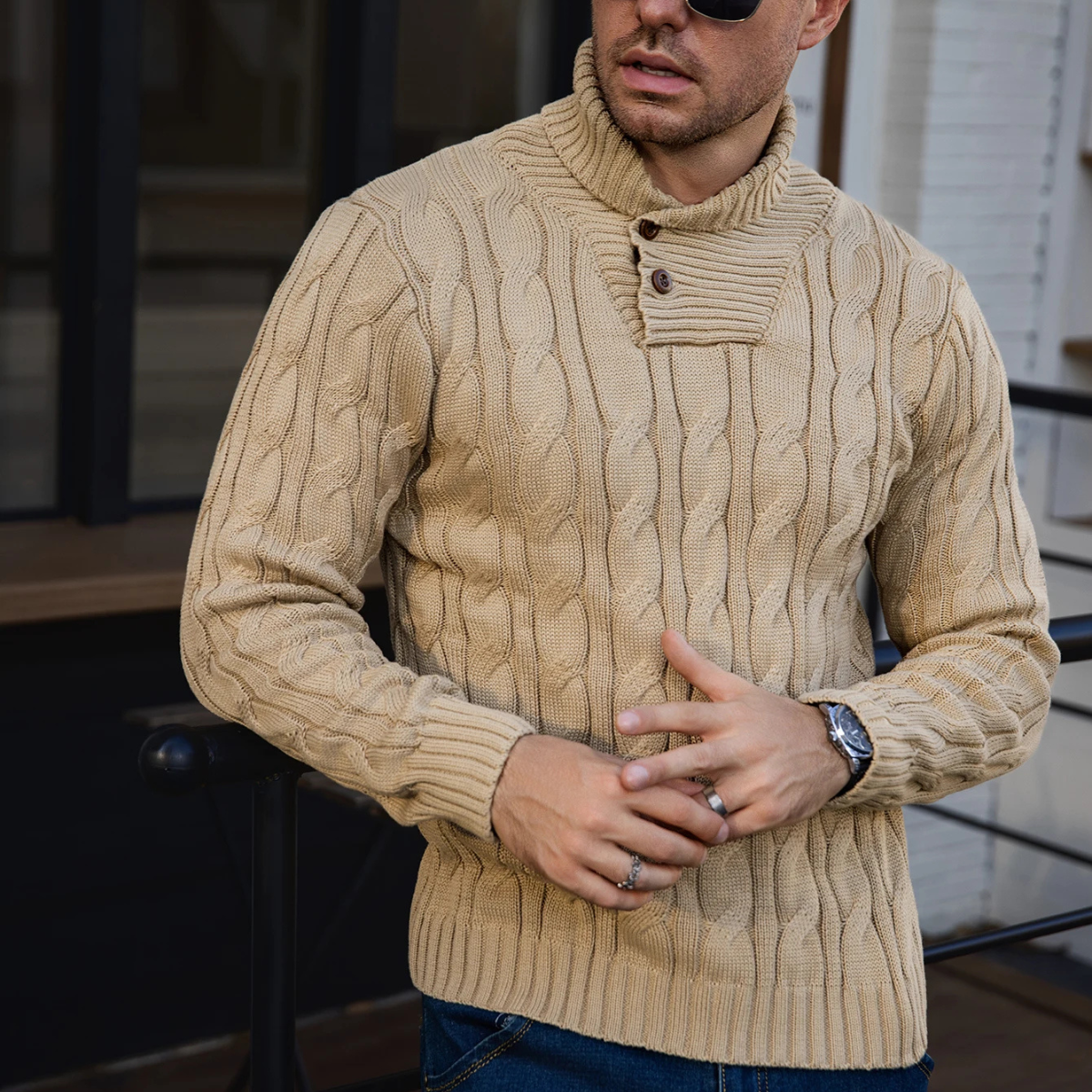 Rowan | Men's Cable Knit Shawl Collar Sweater Cream Button Neck