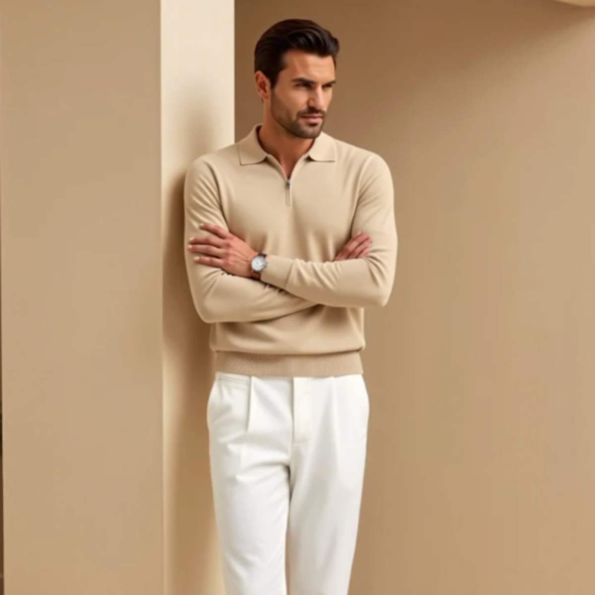 Rhys | Men's Quarter Zip Sweater Cream Polo Collar