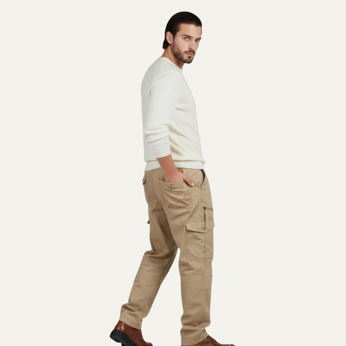 Ezra | Men's Cargo Pants Beige Multiple Pockets Relaxed Fit