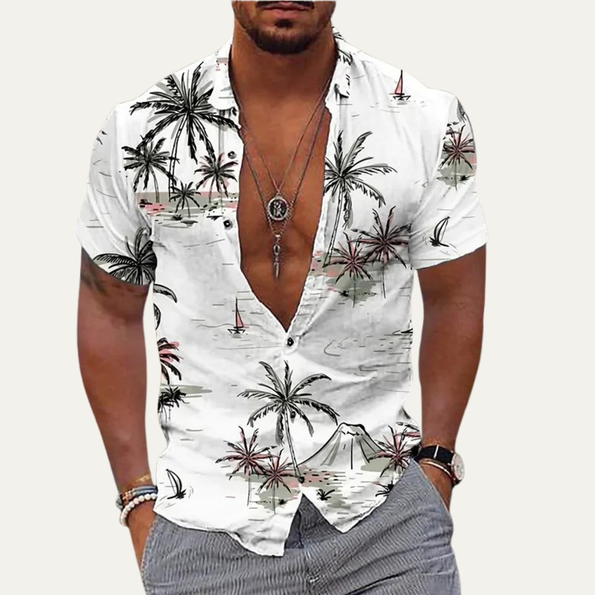 Kai | Men's Hawaiian Shirt White Palm Print Short Sleeve