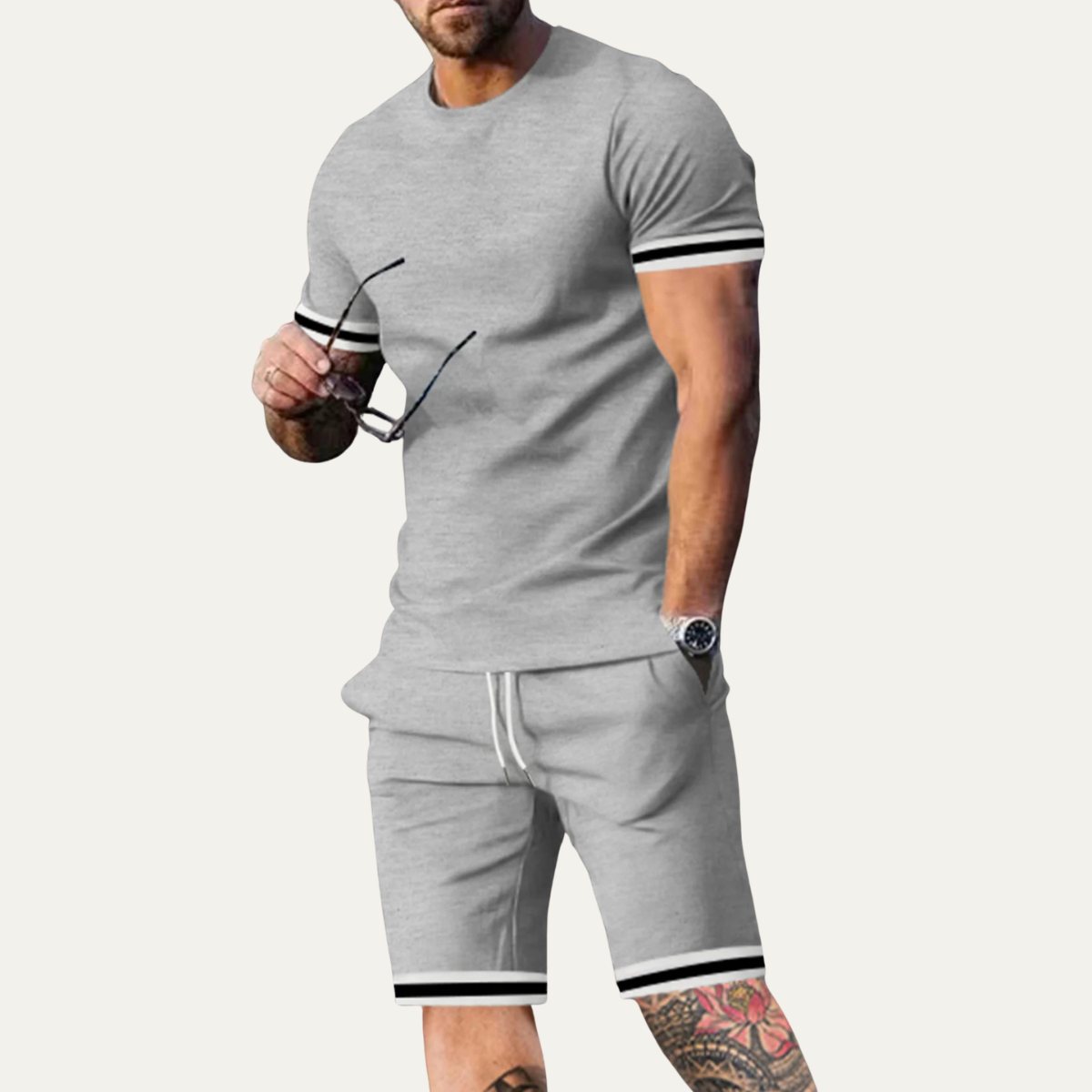 Ezra | Men's Sweatsuit Red Striped Sleeve Shorts Set