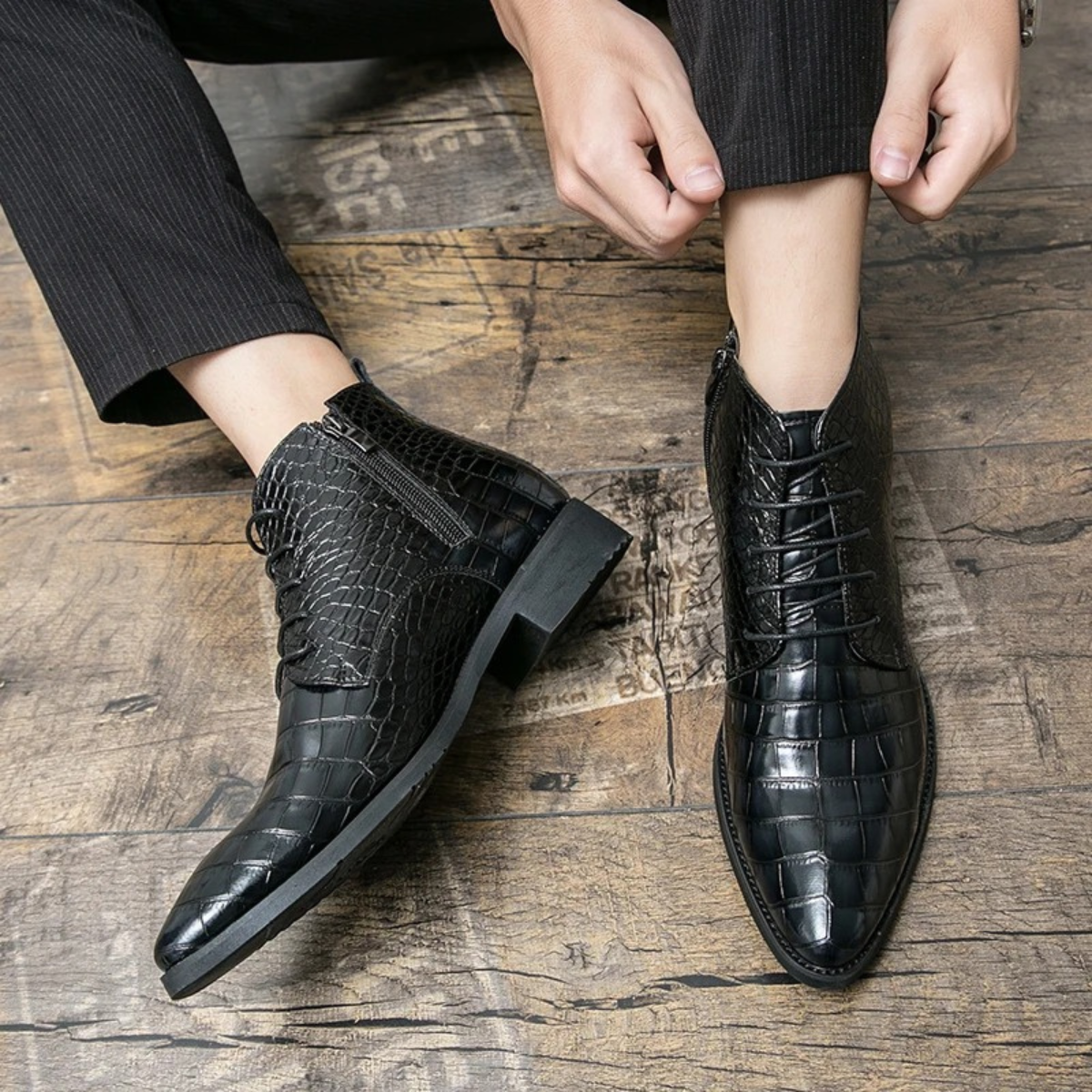 Knox | Men's Crocodile Leather Lace Up Ankle Boots Black