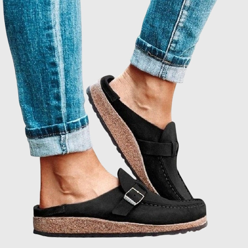 Maeve | Women's Suede Loafer Clog Mule Beige Buckle Detail