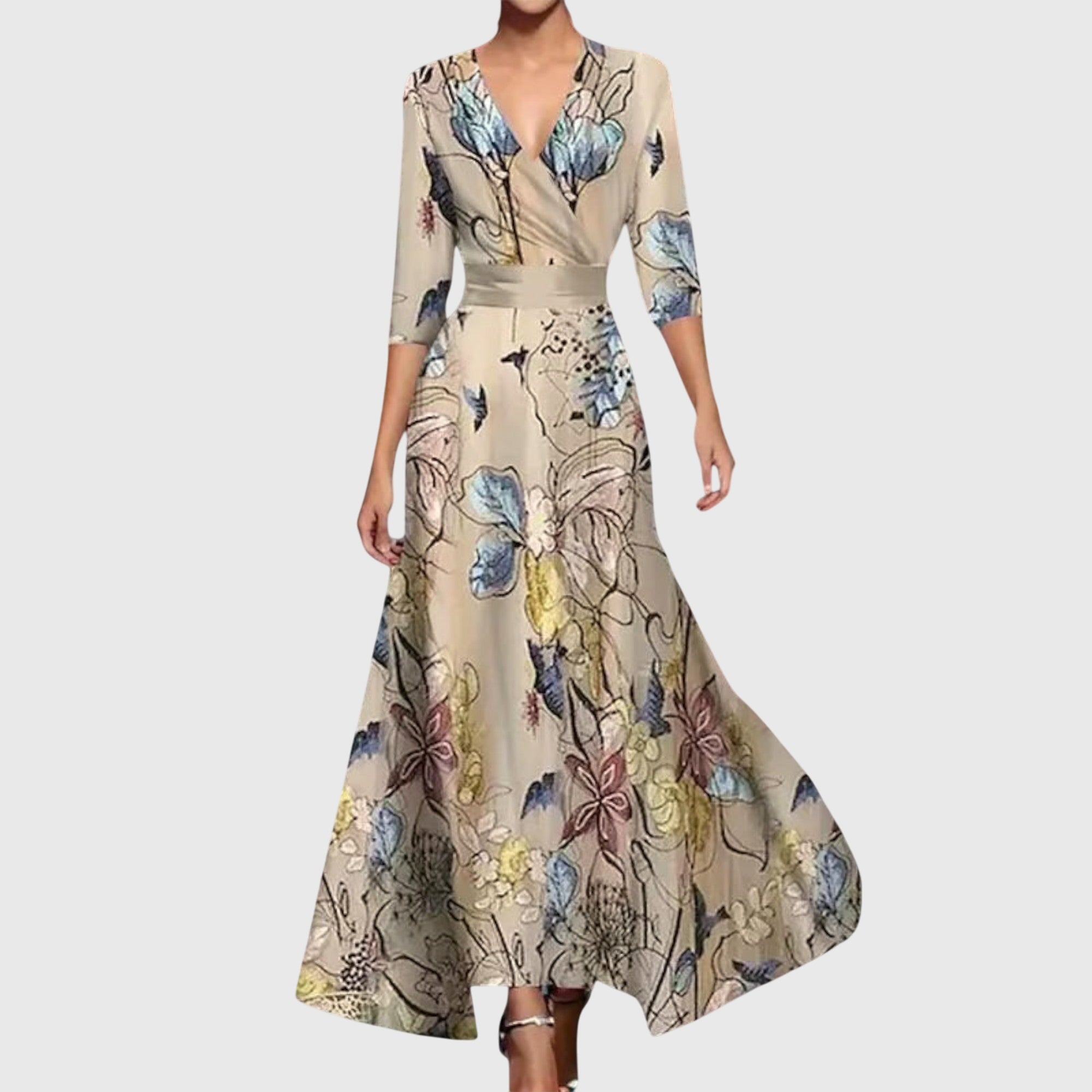 Mia | Women's Floral Maxi Dress Red Blue Three Quarter Sleeve