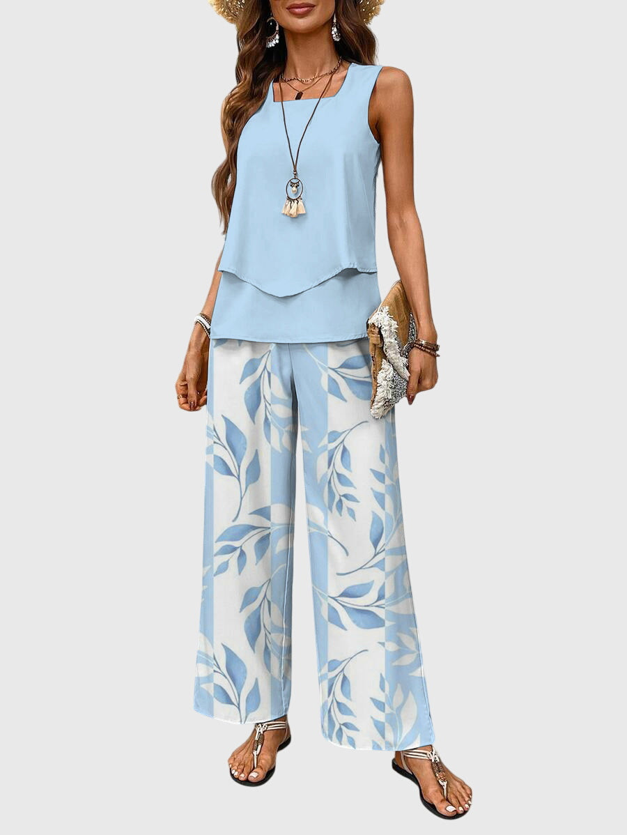 Mia | Women's Two Piece Set Light Blue Floral Palazzo Pants Tank Top