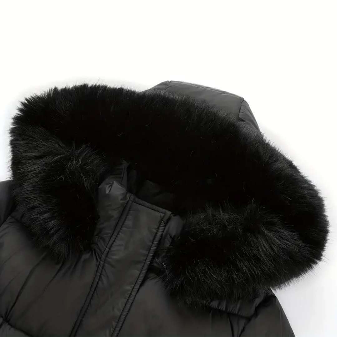 Ada | Women's Puffer Coat Black Faux Fur Hood Belted