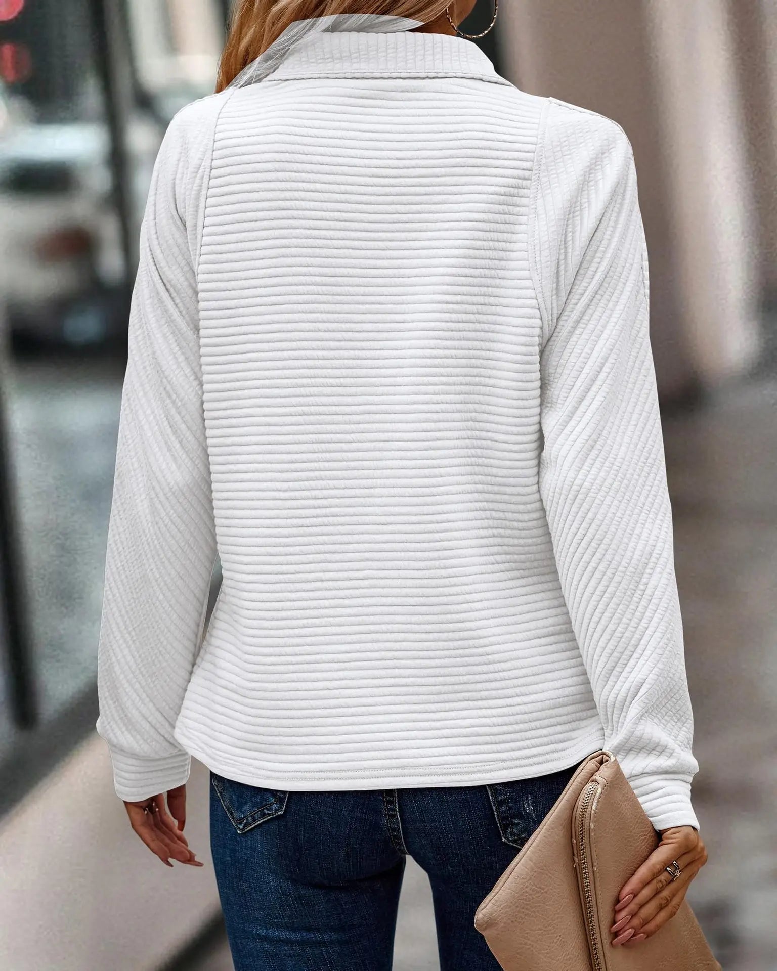 Rue | Women's Quarter Zip Sweater Pink Ribbed Long Sleeve