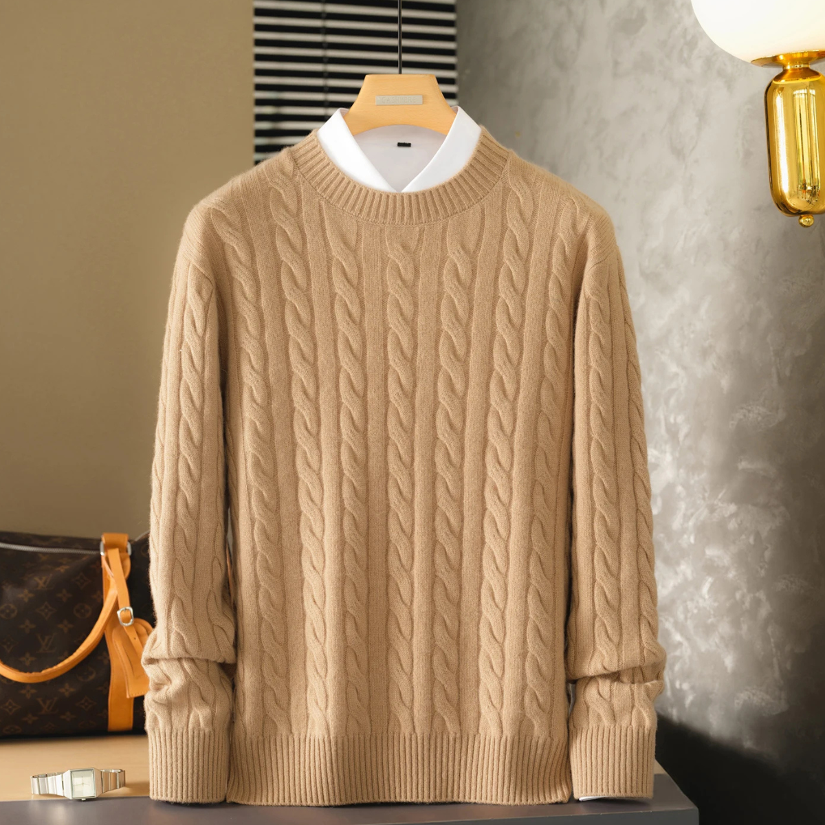 Mia | Men's Cable Knit Sweater Cream Crew Neck
