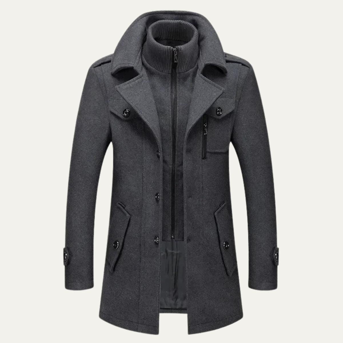 Voss | Men's Wool Blend Overcoat Black With Removable Collar