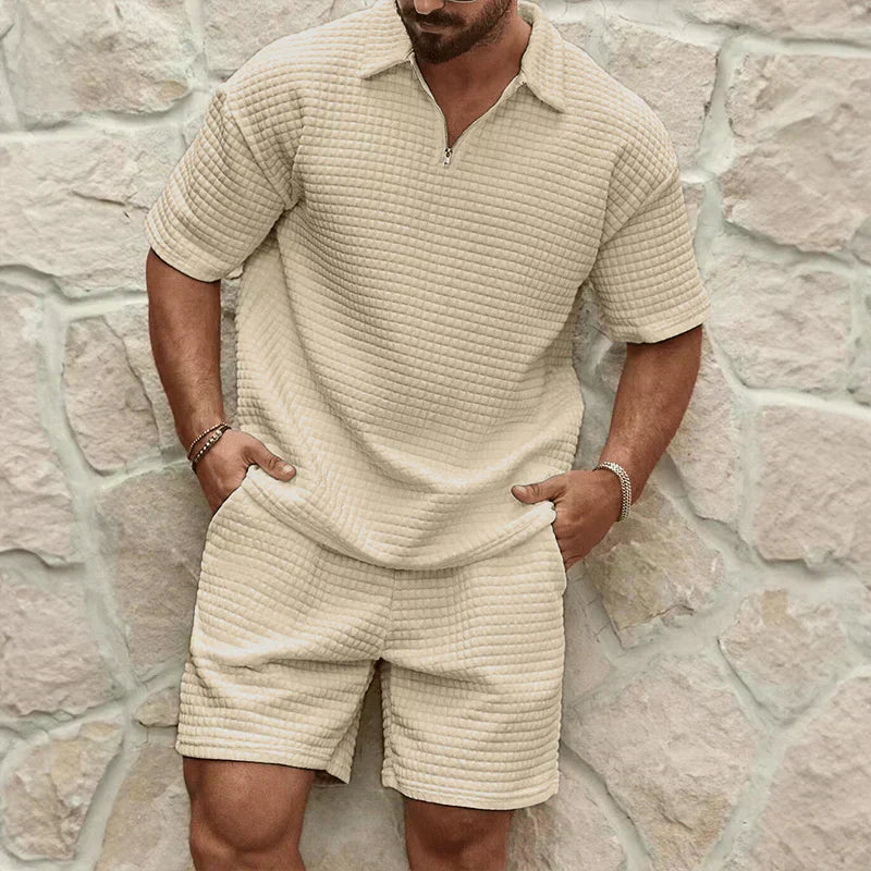 Marco | Men's Casual Waffle Knit Sweatsuit Cream Short Sleeve