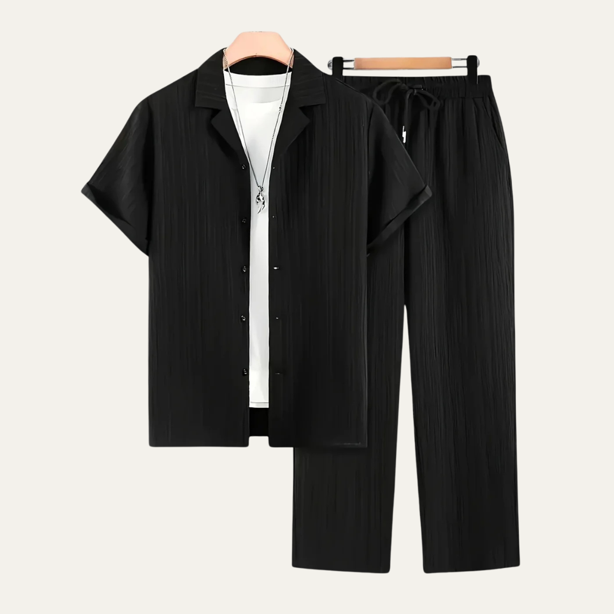 Axel | Men's Casual Pinstripe Linen Set Navy Short Sleeve