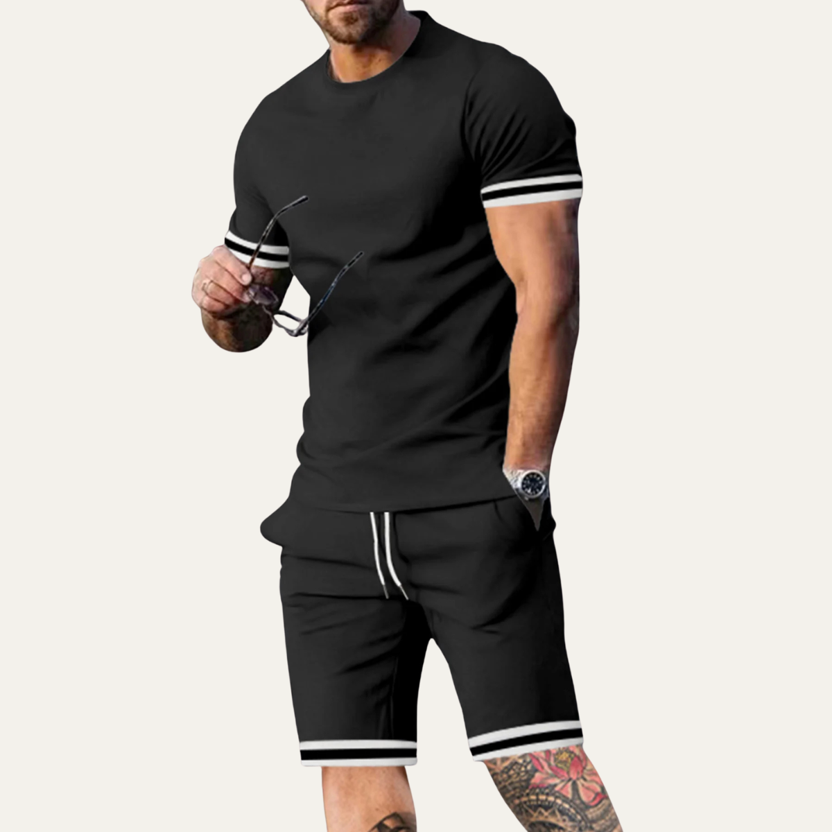 Ezra | Men's Sweatsuit Red Striped Sleeve Shorts Set
