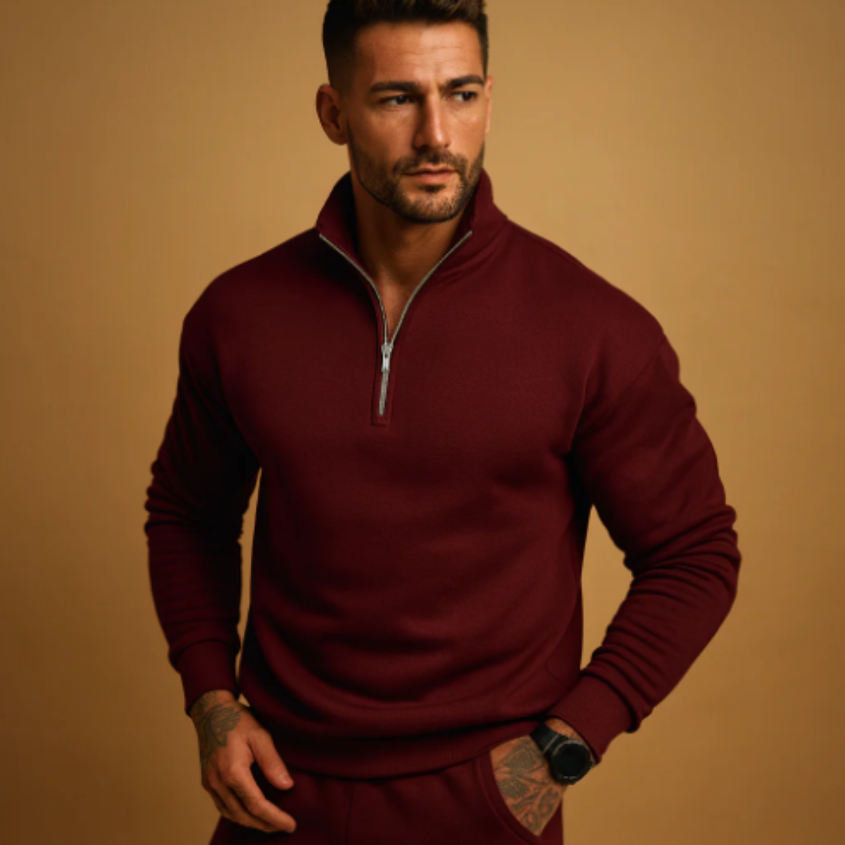 Ezra | Men's Quarter Zip Sweater Cream Long Sleeve