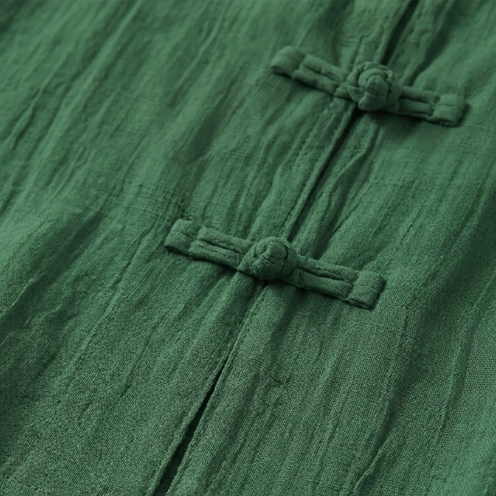 Camille | Women's Linen Shirt Green Mandarin Collar Button Up