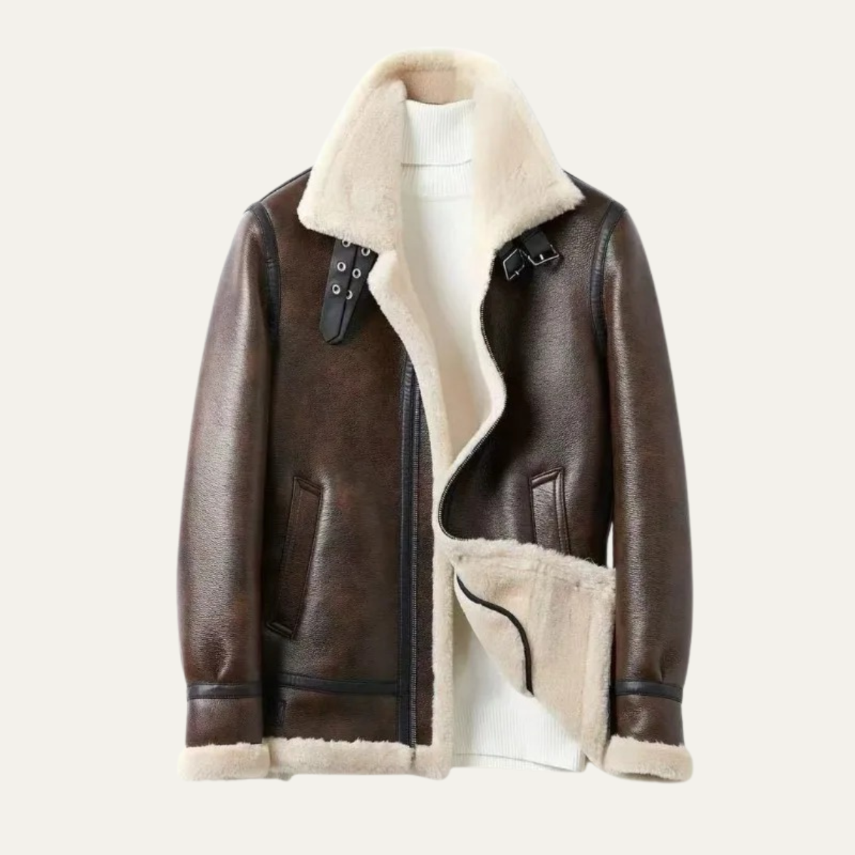 Ezra | Men's Sherpa Lined Leather Jacket Black Cream Collar