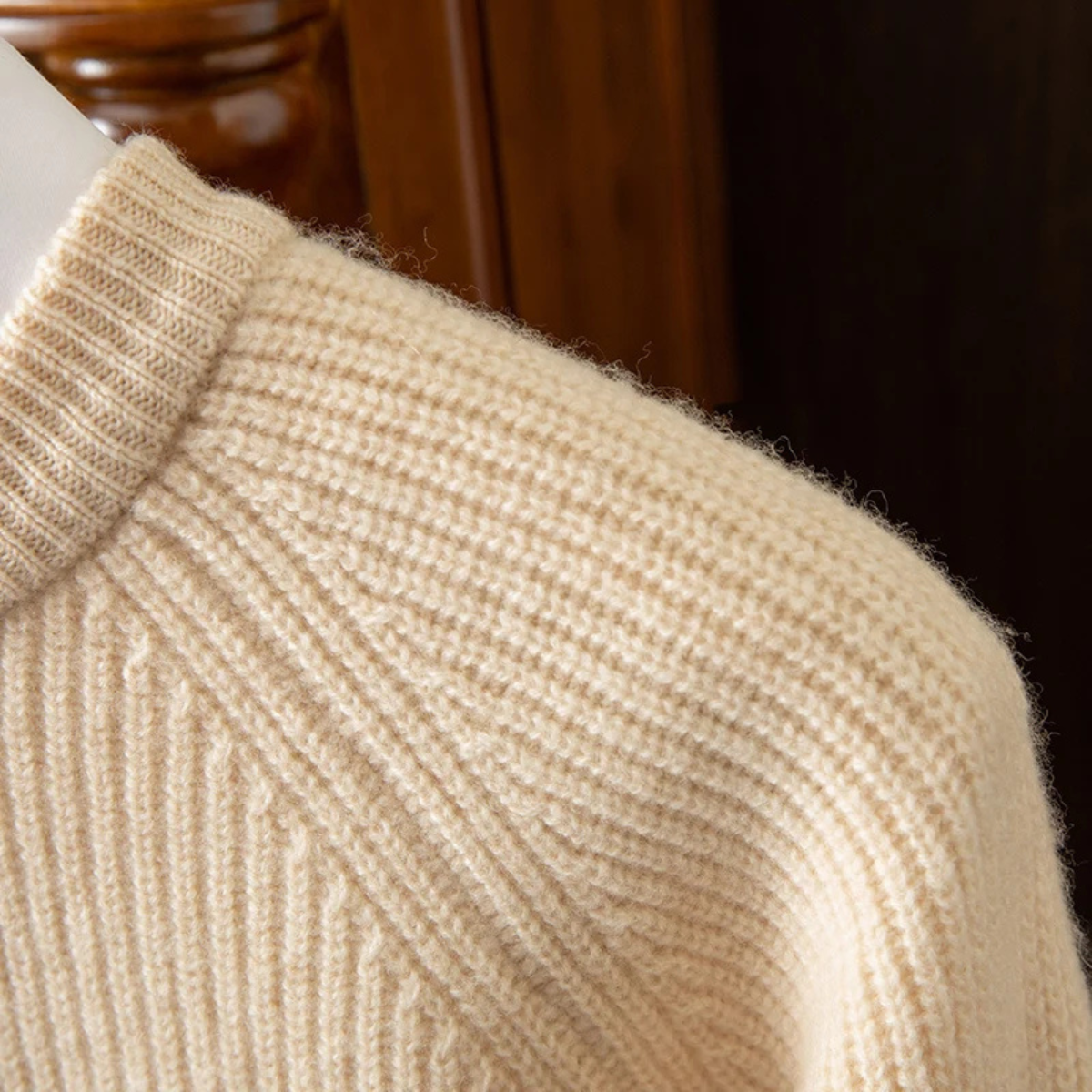 Sage | Men's Crew Neck Sweater Cream Ribbed Knit