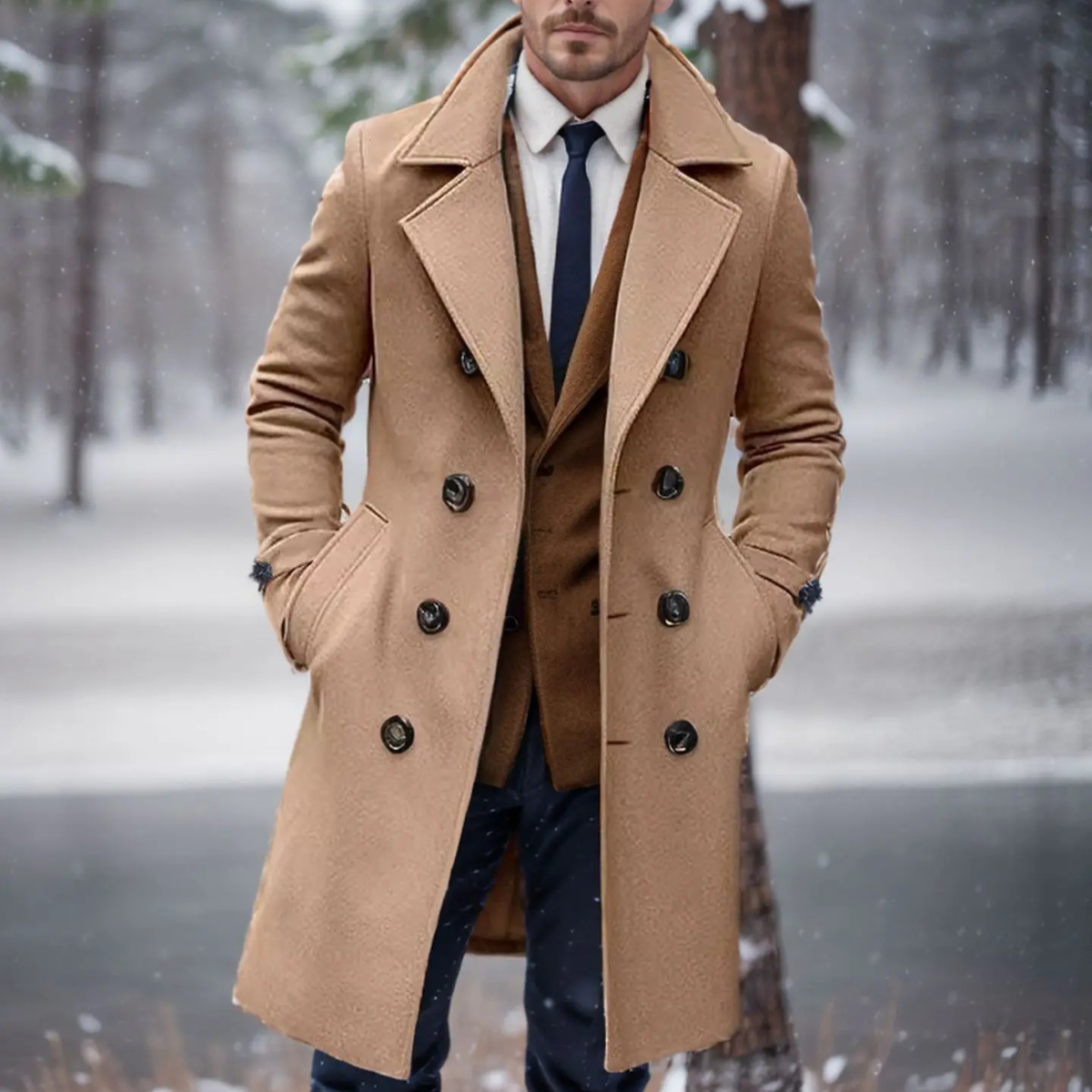 Gavin | Men's Double Breasted Wool Coat Camel Long