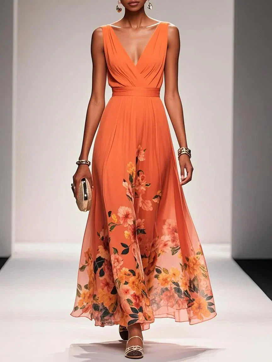 Thea | Women's Floral Chiffon Maxi Dress Light Blue V Neck