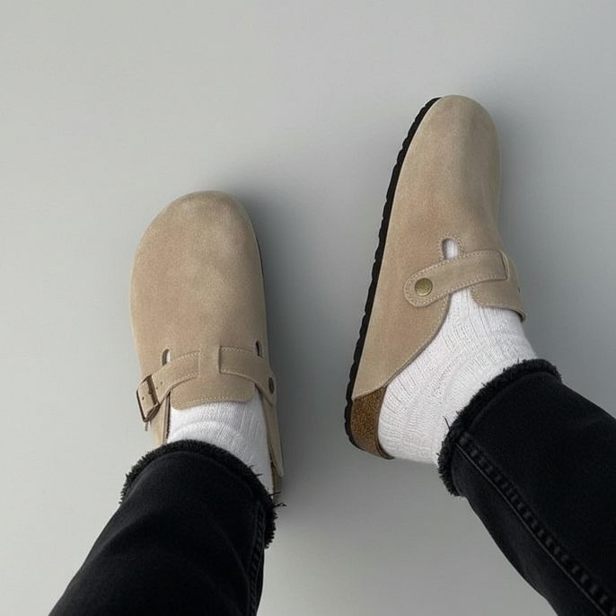 Camille | Women's Suede Clog Cream Buckle Strap Comfort