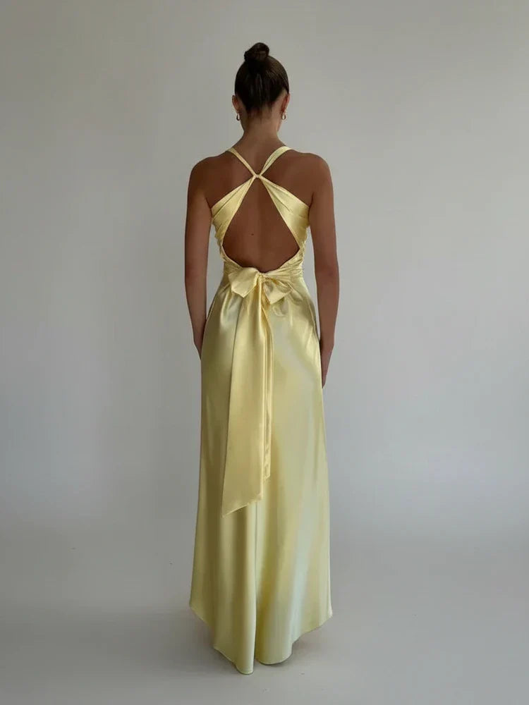 Esme | Women's Halter Maxi Dress Cream Ruched V Neck