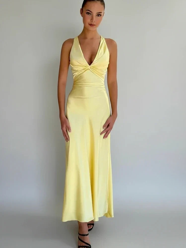 Esme | Women's Halter Maxi Dress Cream Ruched V Neck