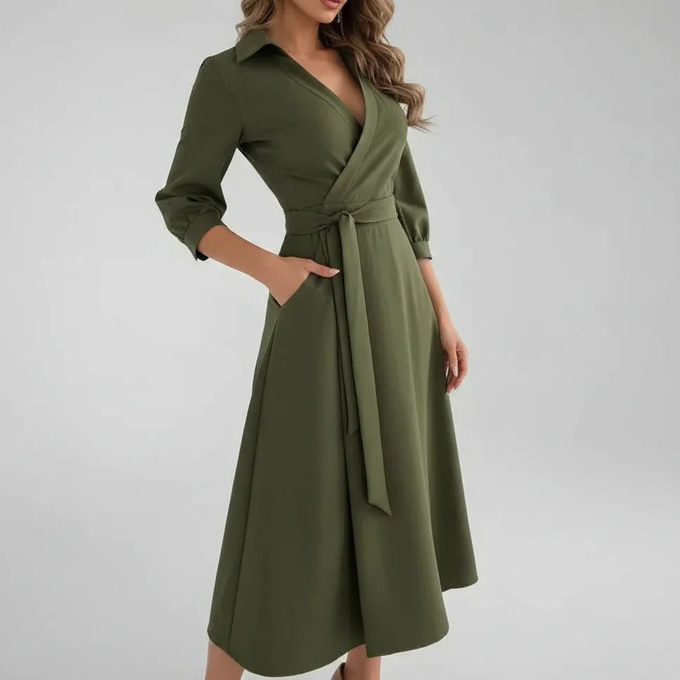 Wren | Women's Wrap Midi Dress Red Long Sleeve Belted