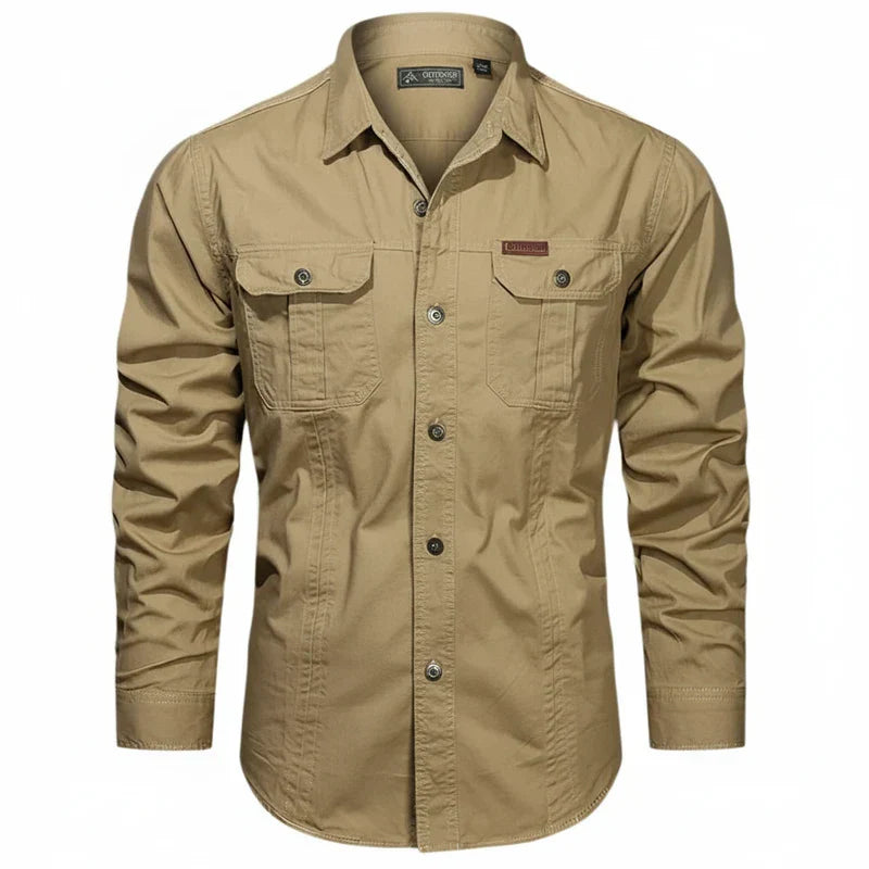 Axel | Men's Utility Cotton Button Up Shirt Cream Long Sleeve