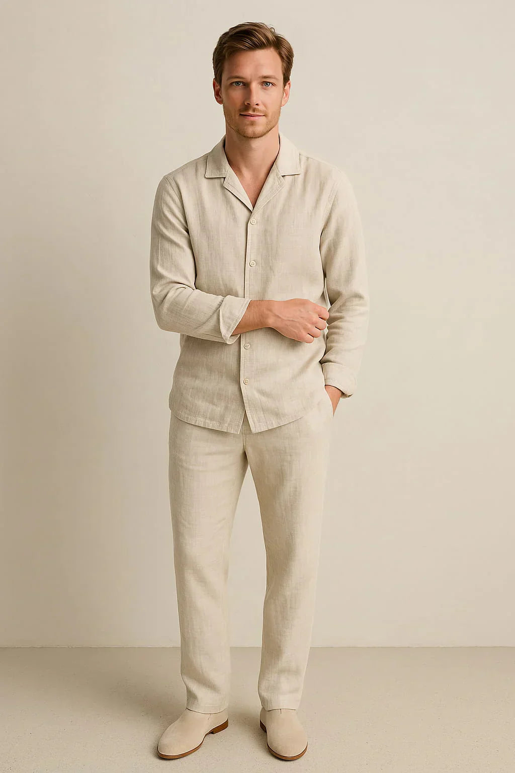 Freya | Men's Linen Pajama Set Cream Long Sleeve Button Up