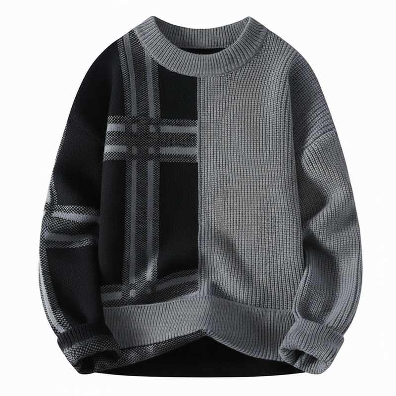 Axel | Men's Color Block Plaid Crew Neck Sweater Gray Black