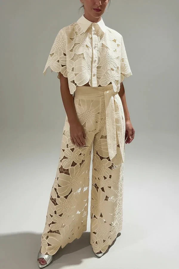 Esme | Women's Wide Leg Pants Cream Lace Cutout
