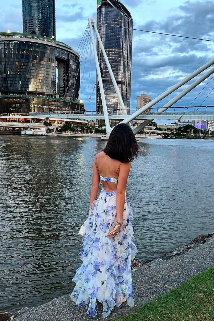 Maeve | Women's Floral Maxi Dress Blue White V Neck