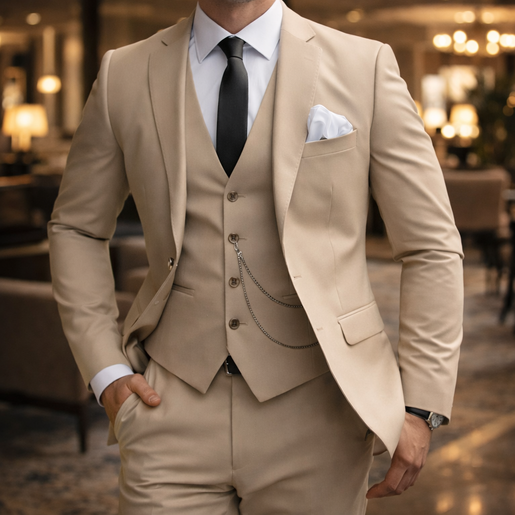 Callum | Men's Three Piece Slim Fit Suit Cream Formal Blazer Vest Trousers