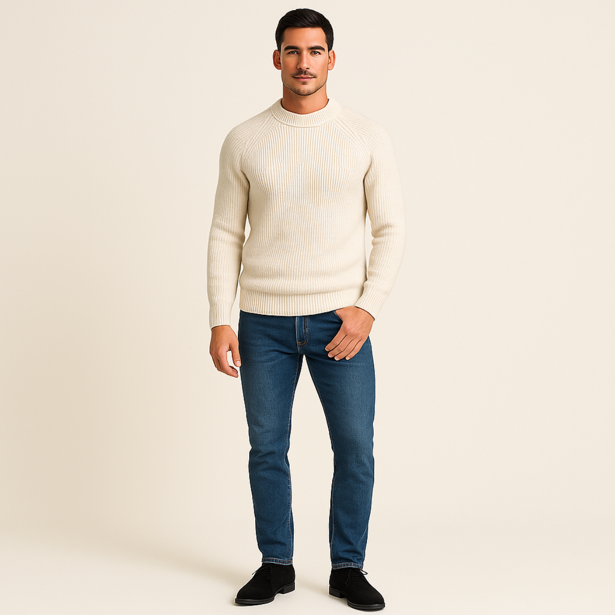 Bram | Men's Crew Neck Sweater Cream Ribbed Knit