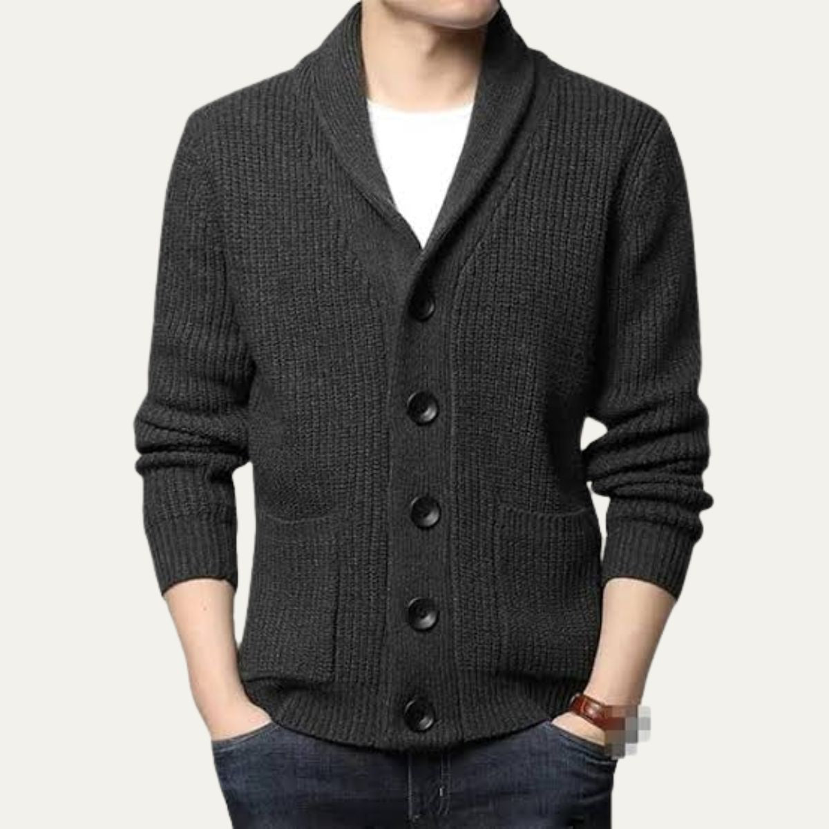 Ash | Men's Cardigan Sweater Black Shawl Collar Button Up