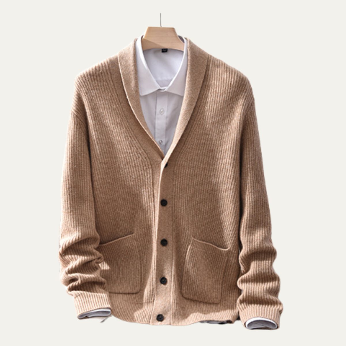 Axel | Men's Cream Ribbed Cardigan Sweater Button Up Pockets