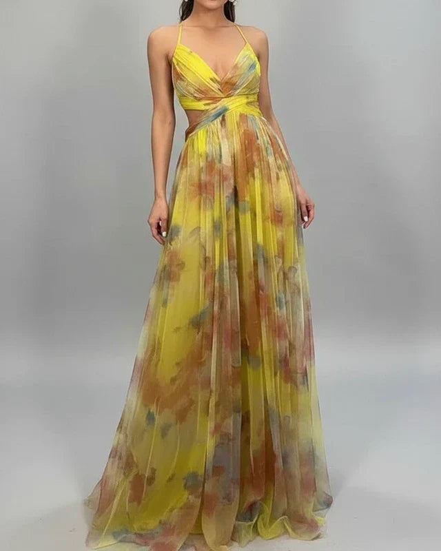 Ines | Women's Chiffon Maxi Dress Multicolor Floral V Neck