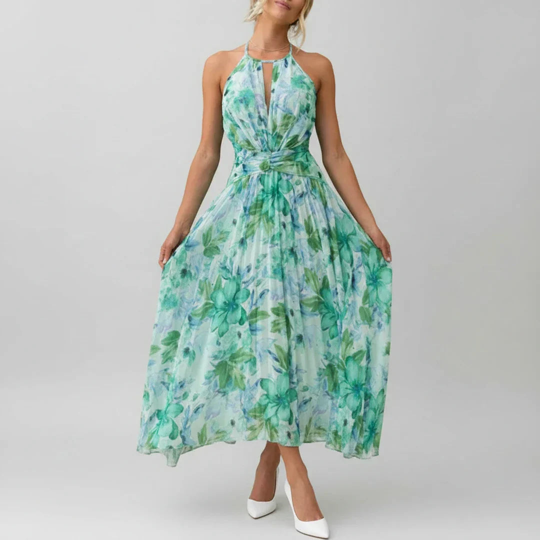 Nola | Women's Floral Halter Maxi Dress Green Light Blue