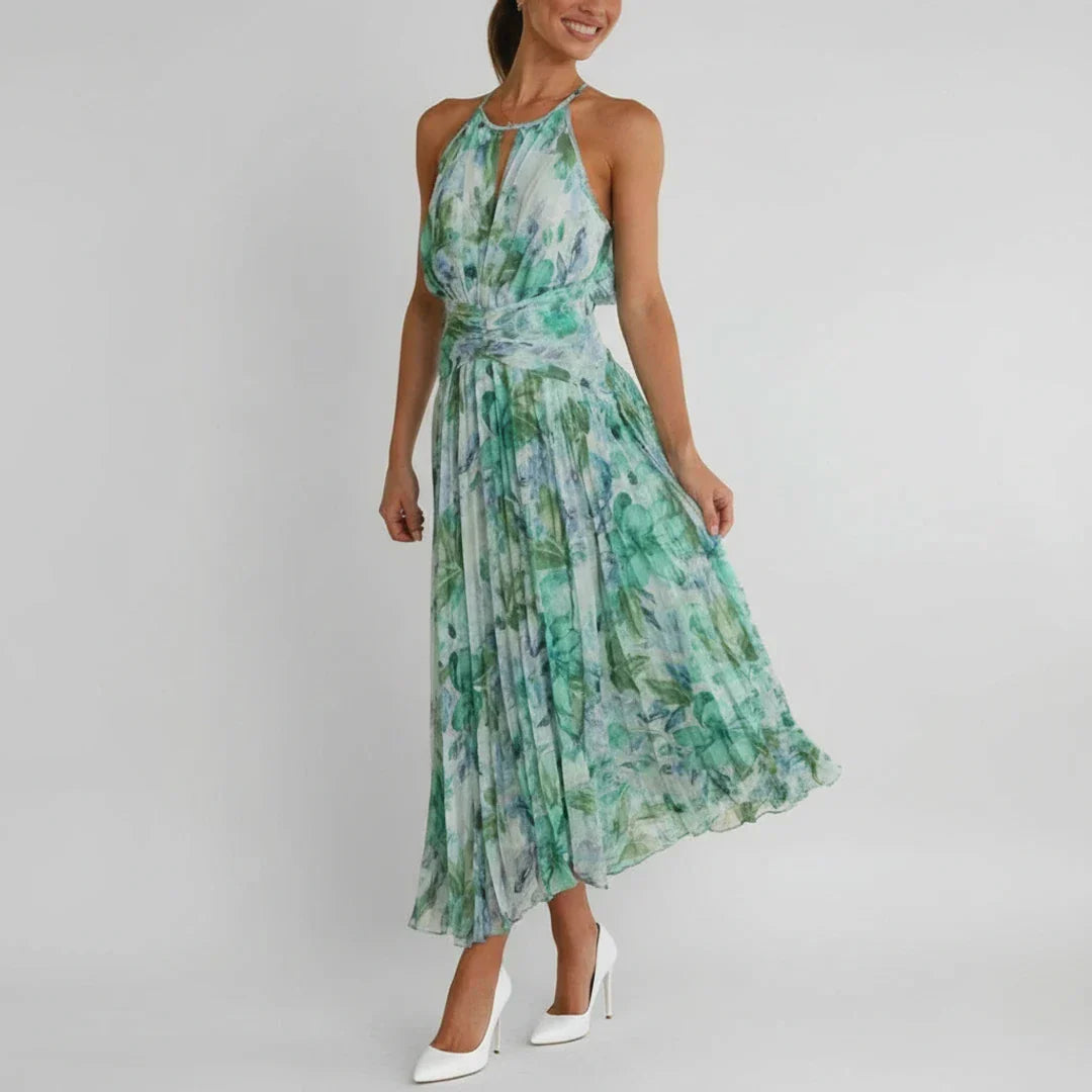 Nola | Women's Floral Halter Maxi Dress Green Light Blue