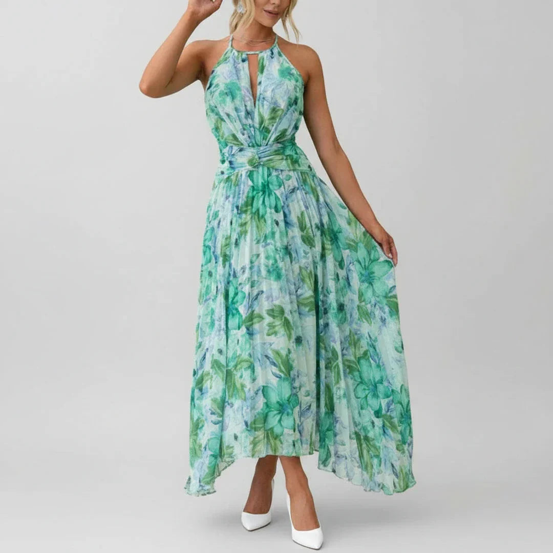 Nola | Women's Floral Halter Maxi Dress Green Light Blue