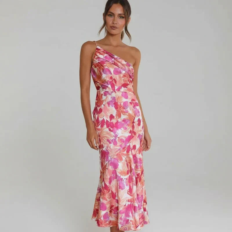 Nina | Women's Floral Midi Dress One Shoulder Pink