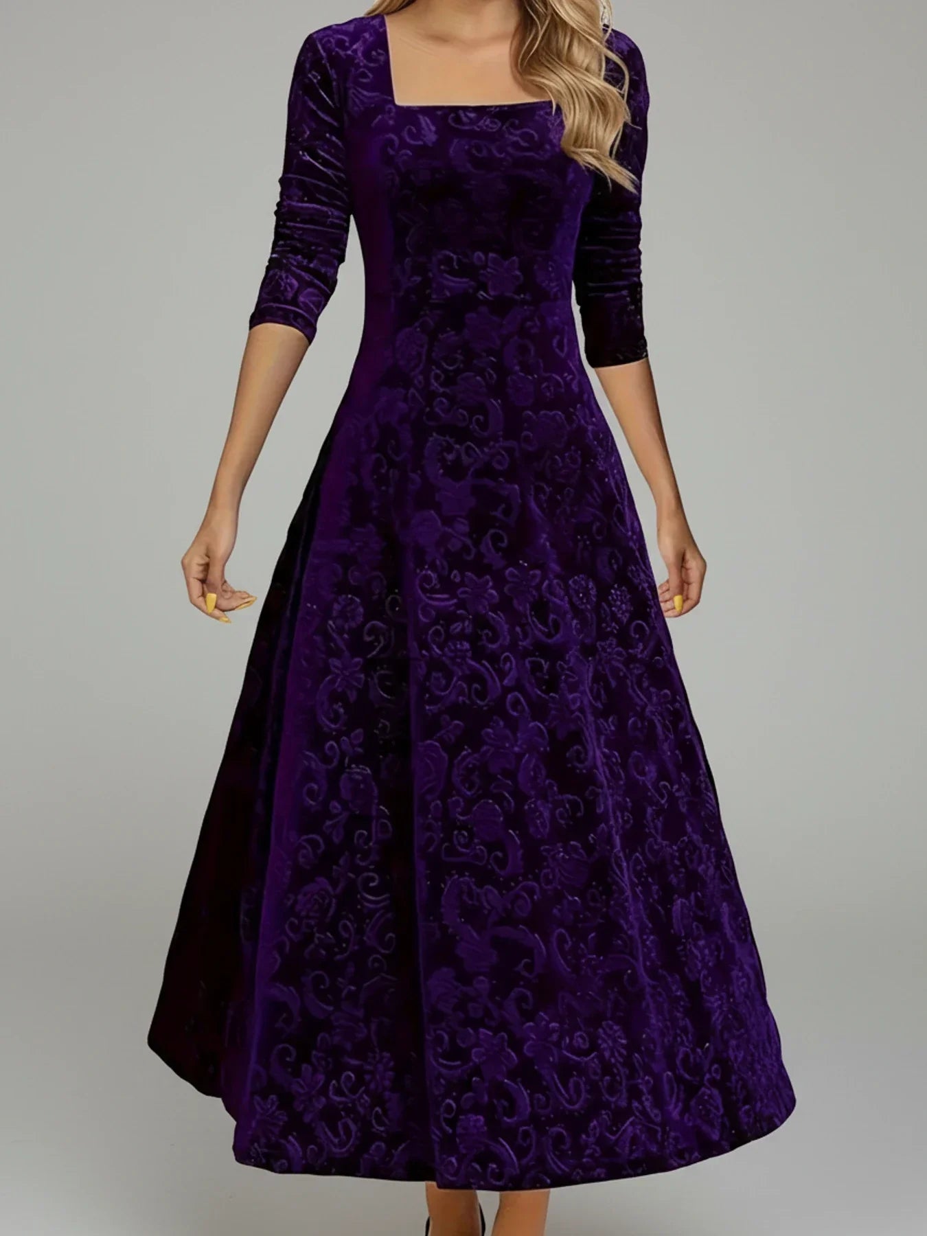Nola | Women's Velvet Maxi Dress Square Neck Burgundy