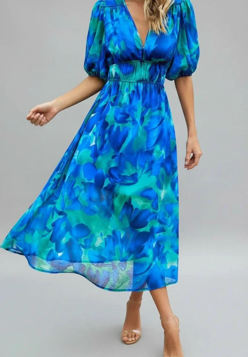 Lena | Women's Floral Maxi Dress Puff Sleeve Cream