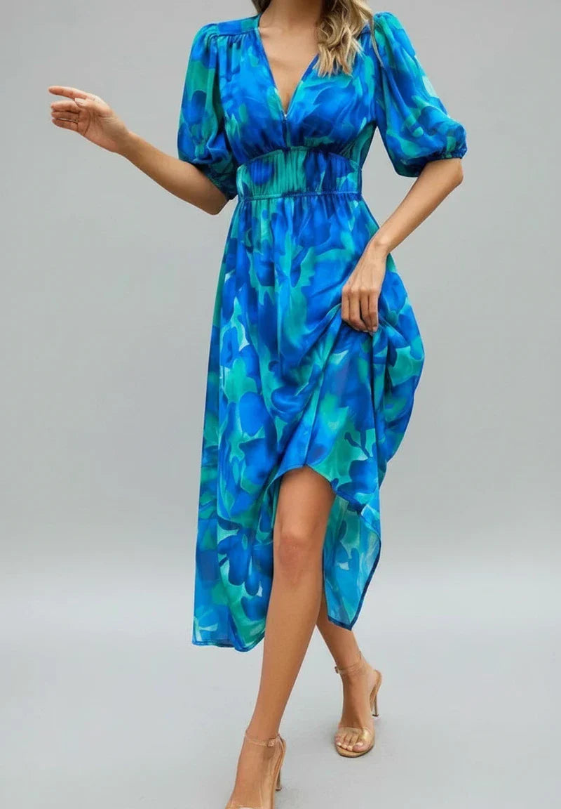 Lena | Women's Floral Maxi Dress Puff Sleeve Cream