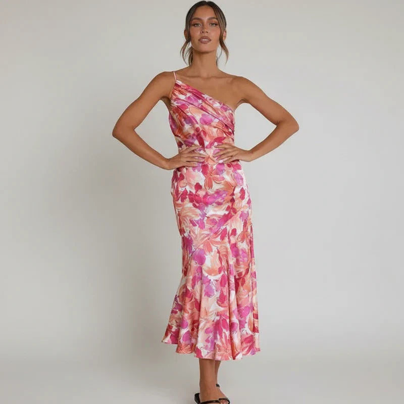 Nina | Women's Floral Midi Dress One Shoulder Pink