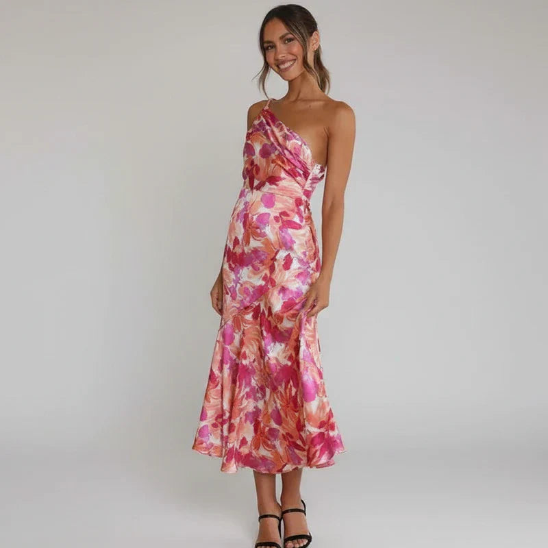 Nina | Women's Floral Midi Dress One Shoulder Pink