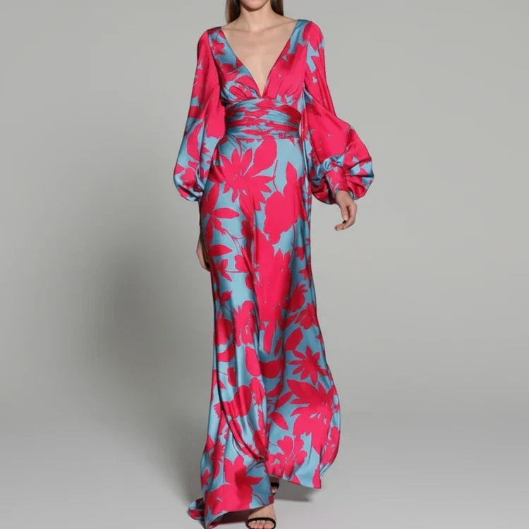 Vera | Women's Floral Maxi Dress Long Sleeve Light Blue